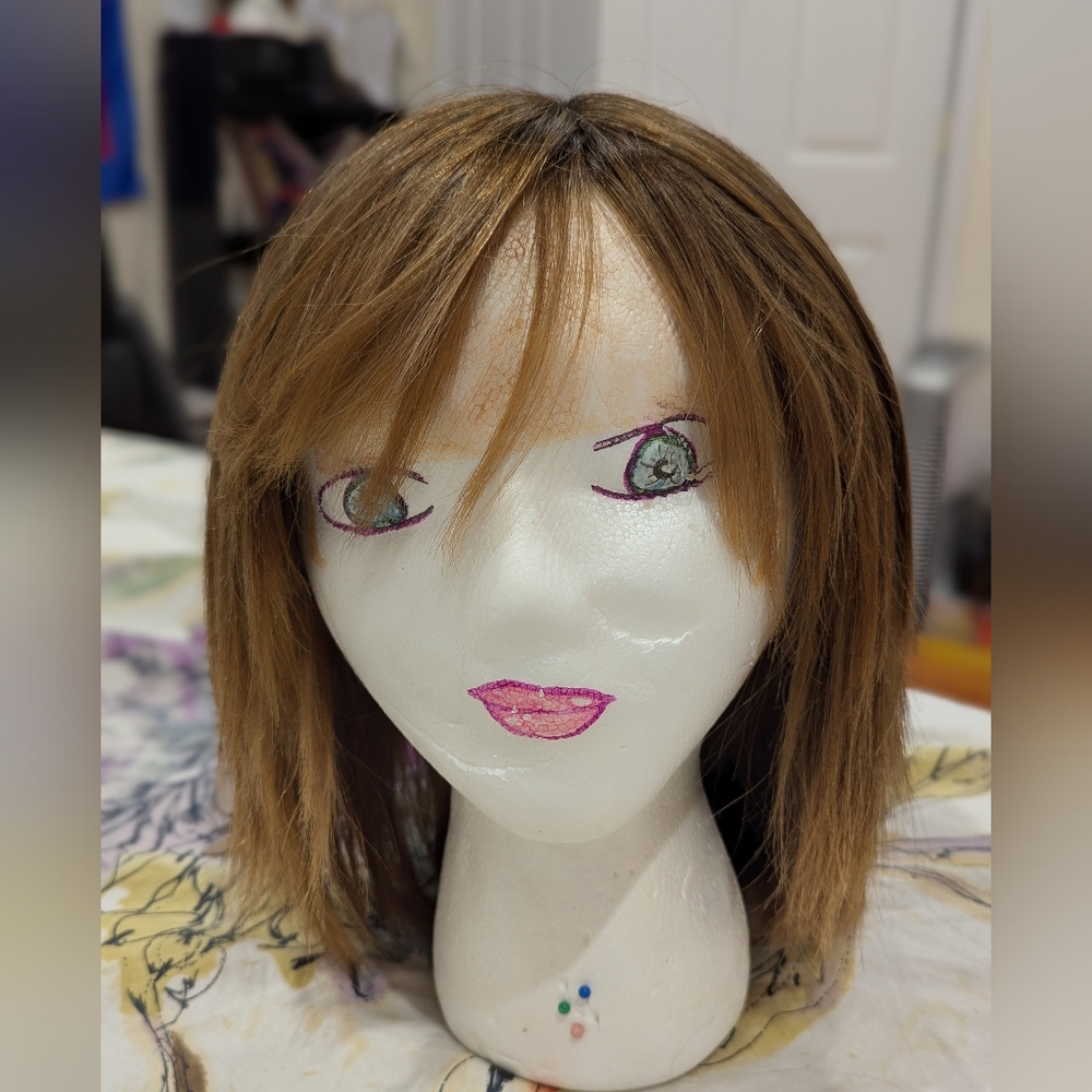 Brown-blond Highlights Women's All Human Hair Milano Wig. Bob With Side Bangs.
